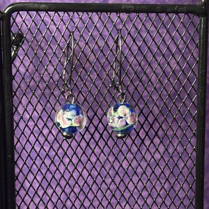 Vintage Murano Millefiori Venetian Glass Blue Flower Dangle Earrings Jewelry C15